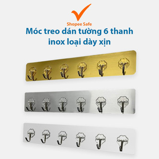 Móc treo dán tường 6 thanh inox loại dày xịn bảng lớn treo đồ nhà bếp nhà tắm #A83