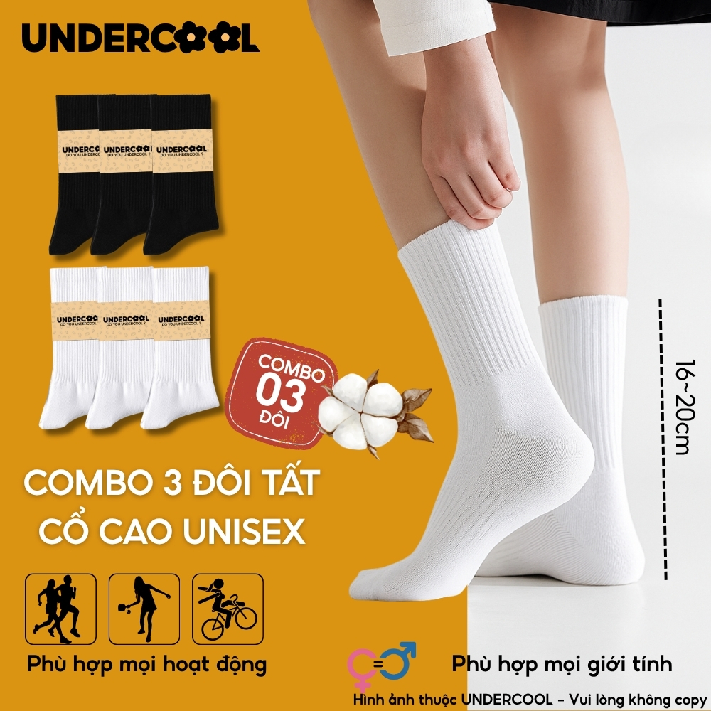 Combo 3 Đôi Vớ Tất Nữ - Nam Cổ Cao - Unisex UNDERCOOL Cotton Dày Dặn, Thoáng Khí, Co Giãn Tốt, Vớ Thể Thao Basic CB-TC91