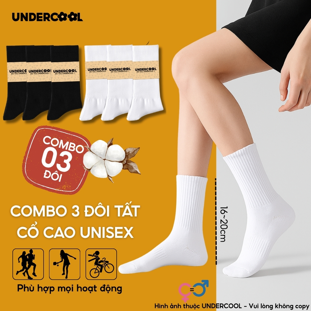 Combo 3 Đôi Vớ Tất Nữ - Nam Cổ Cao - Unisex UNDERCOOL Cotton Dày Dặn, Thoáng Khí, Co Giãn Tốt, Vớ Thể Thao Basic CB-TC91