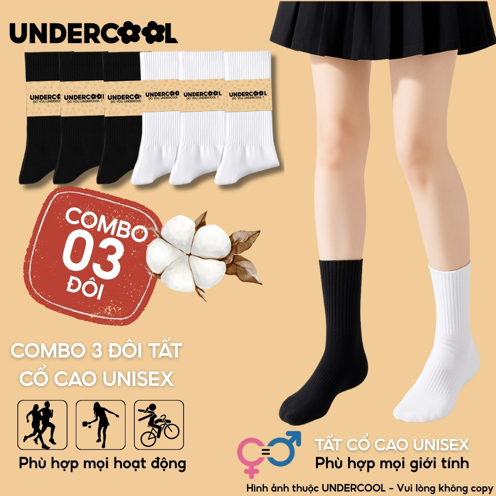 Combo 3 Đôi Vớ Tất Nữ - Nam Cổ Cao - Unisex UNDERCOOL Cotton Dày Dặn, Thoáng Khí, Co Giãn Tốt, Vớ Thể Thao Basic CB-TC91