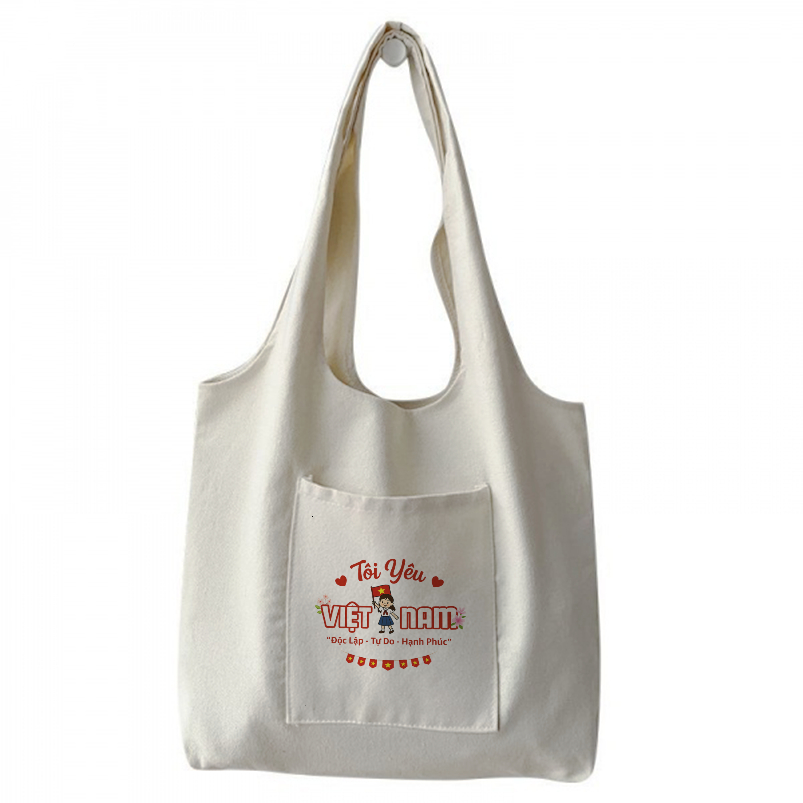Túi tote liền thân ảnh cô bé cầm cờ Tôi Yêu Viêt Nam túi vải canvas Quốc Khánh 2/9 đeo vai đi chơi đi học tota0222