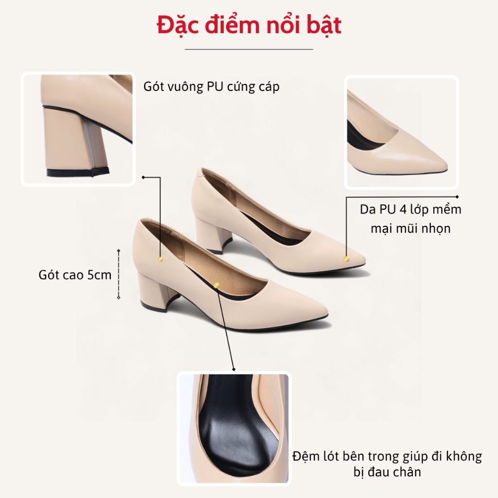 Giày Cao Gót Đế Vuông 5cm Mũi Nhọn Basic Màu Kem Pixie P055