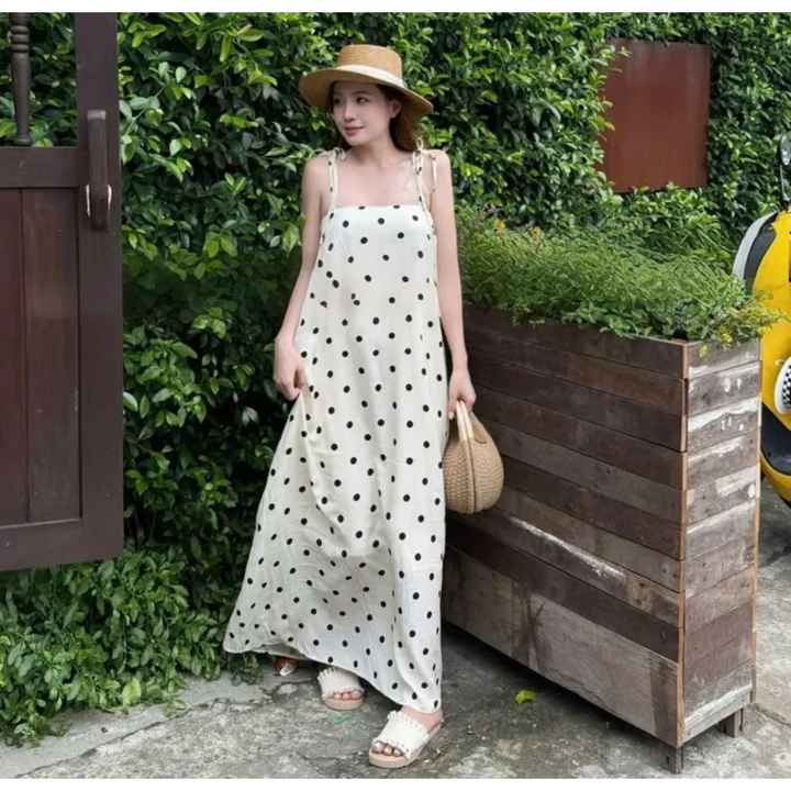 Váy 2 dây váy maxi đũi nữ chấm bi dáng dài maxi suông đi biển váy bầu ALYNA A212