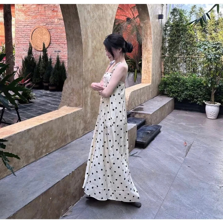 Váy 2 dây váy maxi đũi nữ chấm bi dáng dài maxi suông đi biển váy bầu ALYNA A212