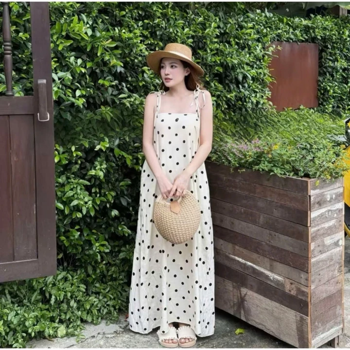 Váy 2 dây váy maxi đũi nữ chấm bi dáng dài maxi suông đi biển váy bầu ALYNA A212