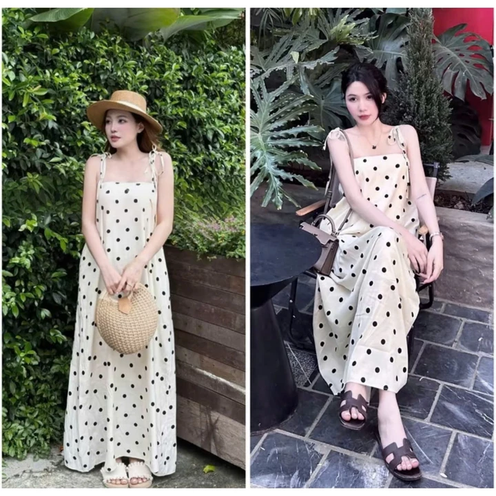 Váy 2 dây váy maxi đũi nữ chấm bi dáng dài maxi suông đi biển váy bầu ALYNA A212