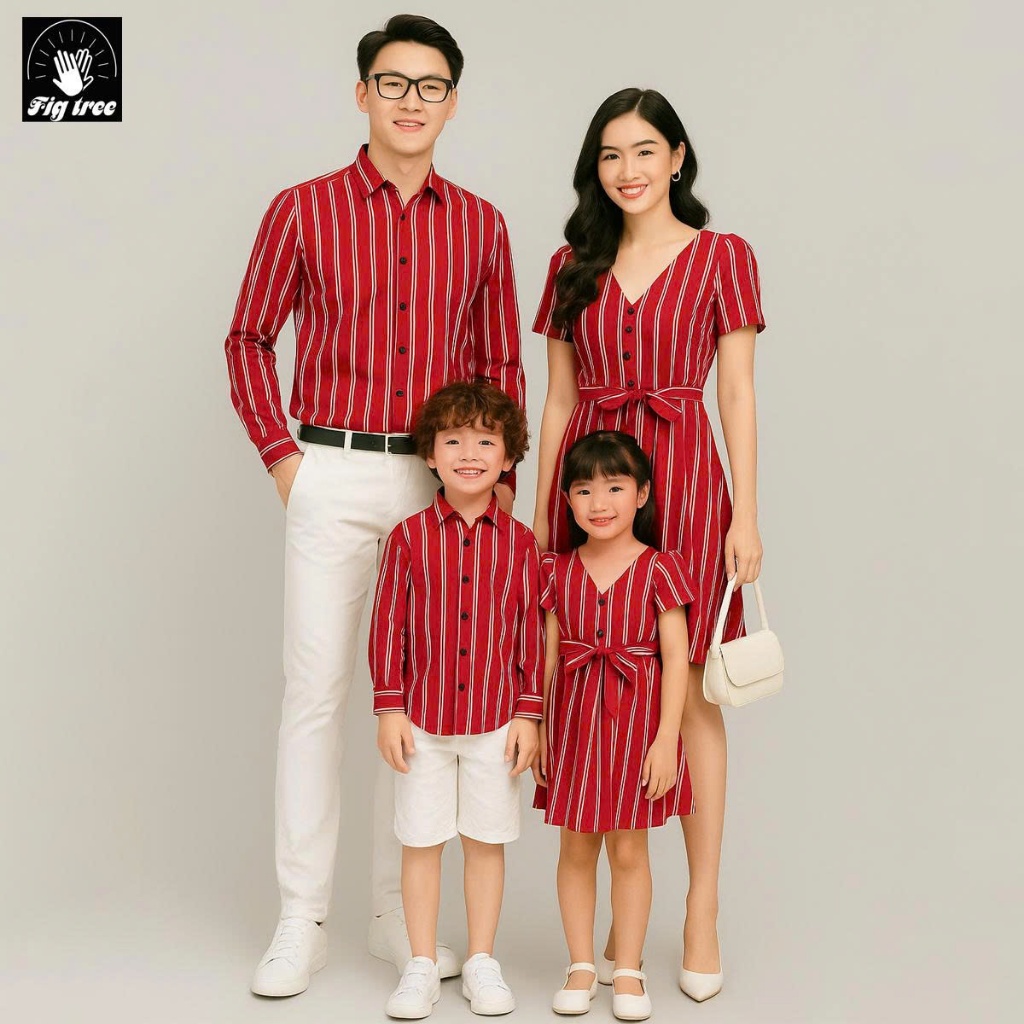 Đồng Phục Gia Đình Fig Tree Sọc Nền Đỏ Cho Gia Đình Đi Tiệc, Chụp Hình Sang, Nổi Bật MS 155B