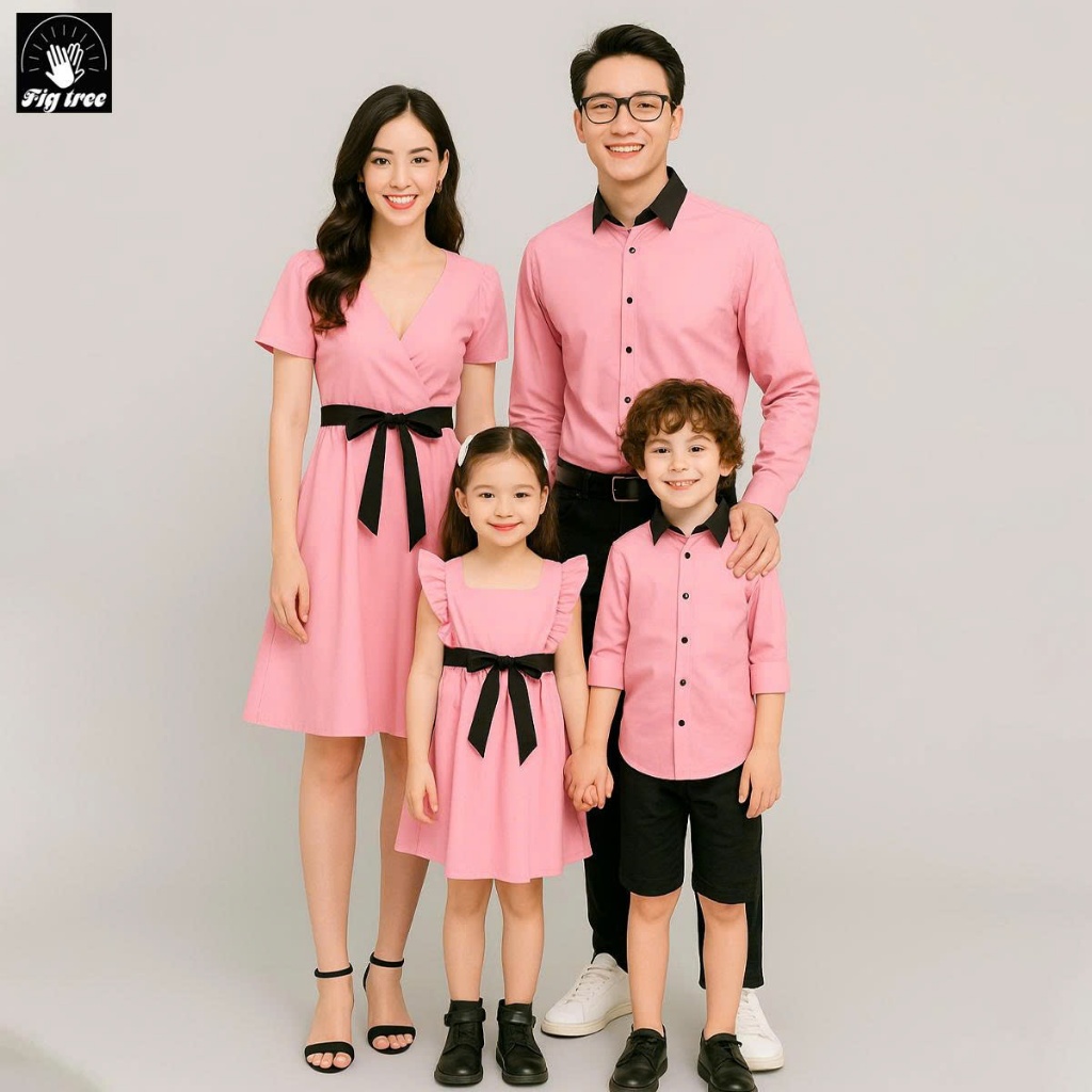 Combo Áo Váy Gia Đình Fig Tree Màu Hồng Phấn Siêu Ngọt Ngào Cho Gia Đình Đi Tiệc, Chụp Hình