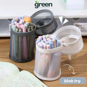 Hộp Đựng Bút Hình Trụ Lưới Trong Suốt Có Nắp Kéo, Túi Đựng Bút, Cọ Trang Điểm Đa Năng Tiện Dụng