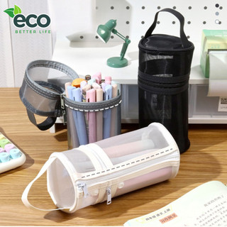 Hộp Đựng Bút Lưới Hình Trụ Có Nắp Kéo, Túi Đựng Bút, Cọ Trang Điểm Mini Quai Xách Tiện Lợi Mang Theo