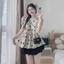 QC_Set váy ngắn, mặc hè, đồ thiết kế áo Cotton Lạnh in tim phối chân váy Lụa ngắn nhún tầng xinh