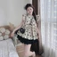 QC_Set váy ngắn, mặc hè, đồ thiết kế áo Cotton Lạnh in tim phối chân váy Lụa ngắn nhún tầng xinh