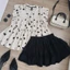 QC_Set váy ngắn, mặc hè, đồ thiết kế áo Cotton Lạnh in tim phối chân váy Lụa ngắn nhún tầng xinh