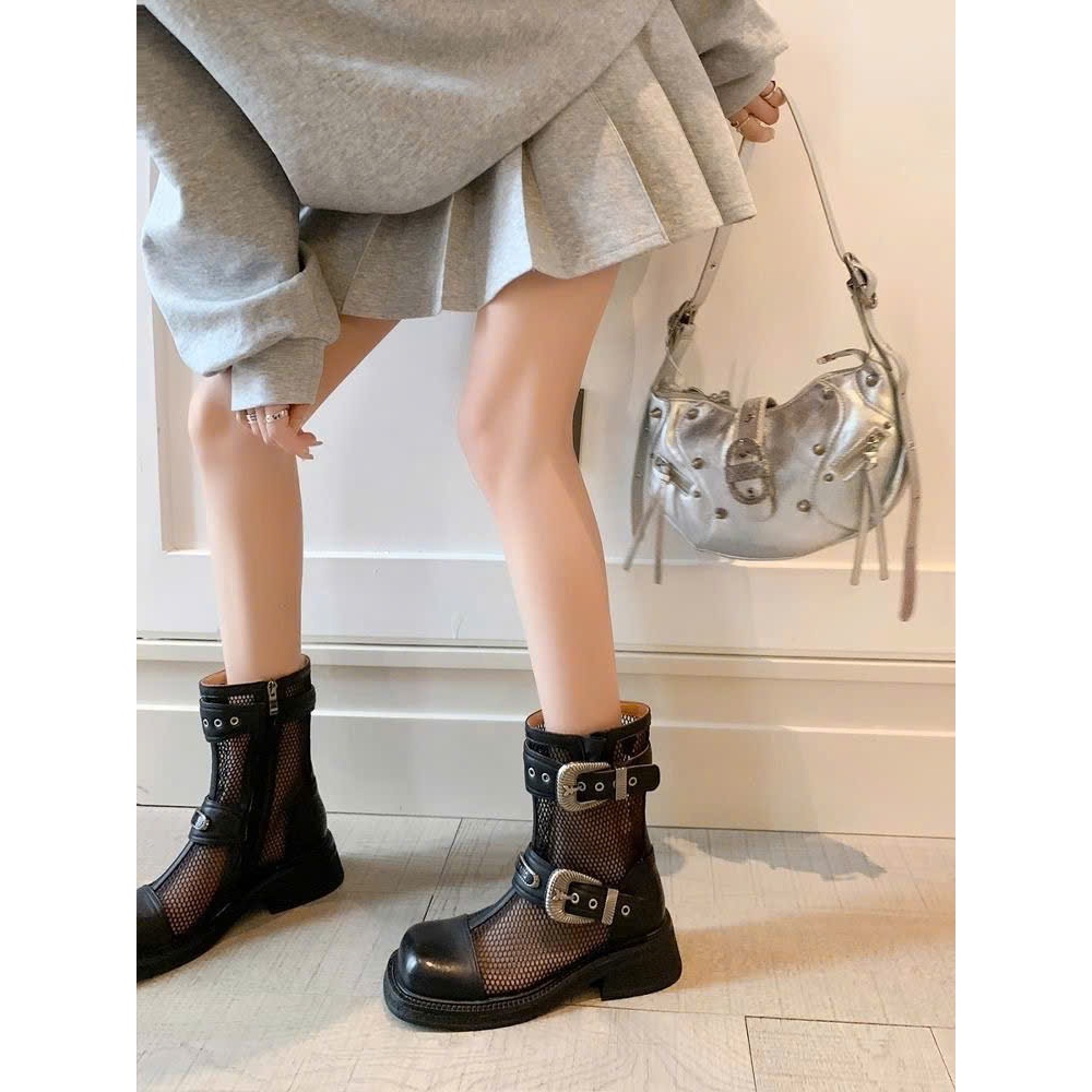 Giày Bốt Martin Phối Lưới Thoáng Khí Cổ Ngắn Đế Dày 4,5cm