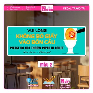 Decal Vui Lòng Không Bỏ Giấy Vào Bồn Cầu, Bảng Nội Quy Dán Nhà Vệ Sinh, Toilet, WC, Nhà Tắm, Chống Nước Chịu Nhiệt Tốt.