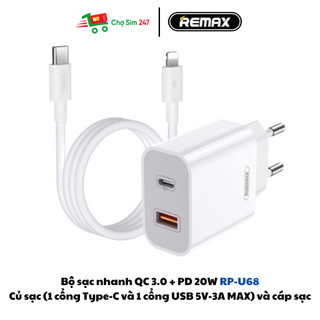 Bộ sạc nhanh 20W REMAX RP-U68 2 cổng USB + Type C kèm cáp sạc C to L - White