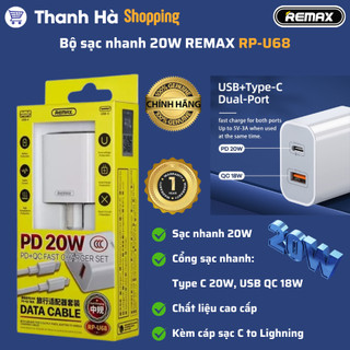 Bộ sạc nhanh 20W REMAX RP-U68 2 cổng USB + Type C kèm cáp sạc C to L - White