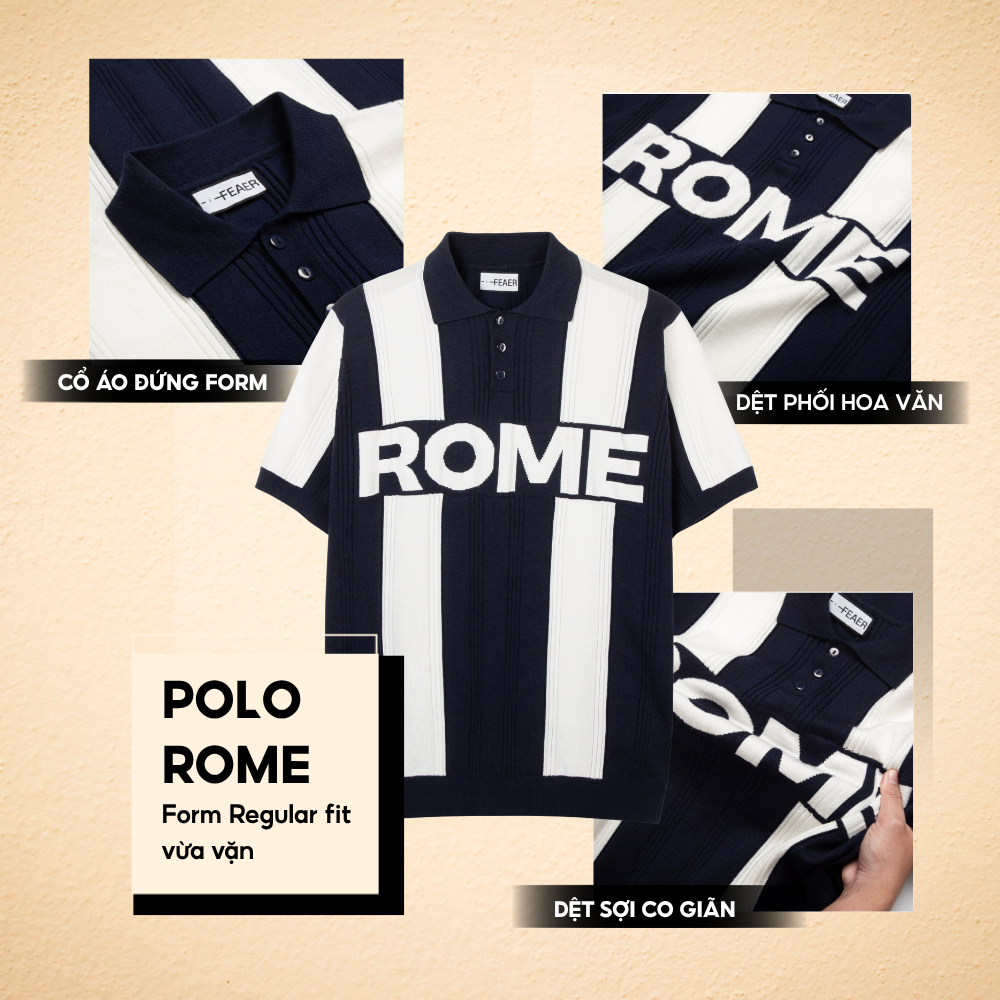 Áo polo dệt kim ROME tay ngắn, hoạ tiết chữ độc đáo, vải knit cao cấp, phối sọc năng động, hiện đại - FEAER