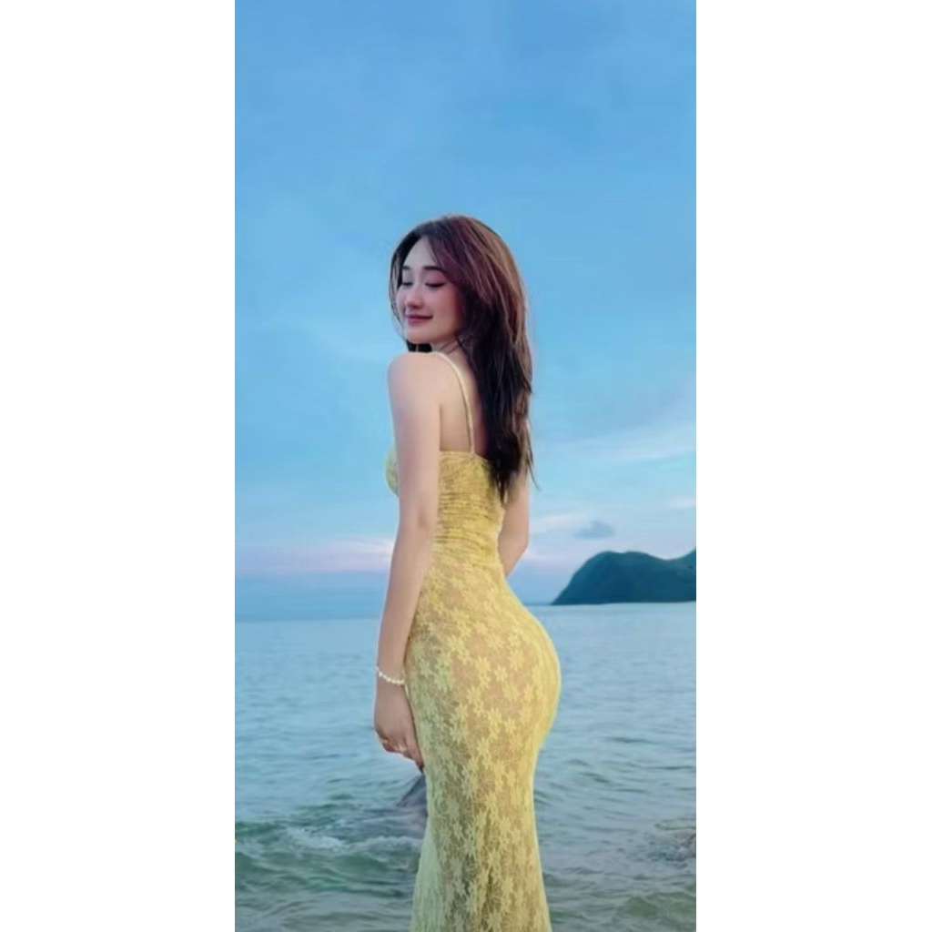 Đầm Body Ren Vàng Hai Dây Có Lớp Lót Kéo Khóa Xẻ Tà Sau, Váy Ôm Body Ren Vàng Hai Day Gợi Cảm, Dự Tiệc TingTing88