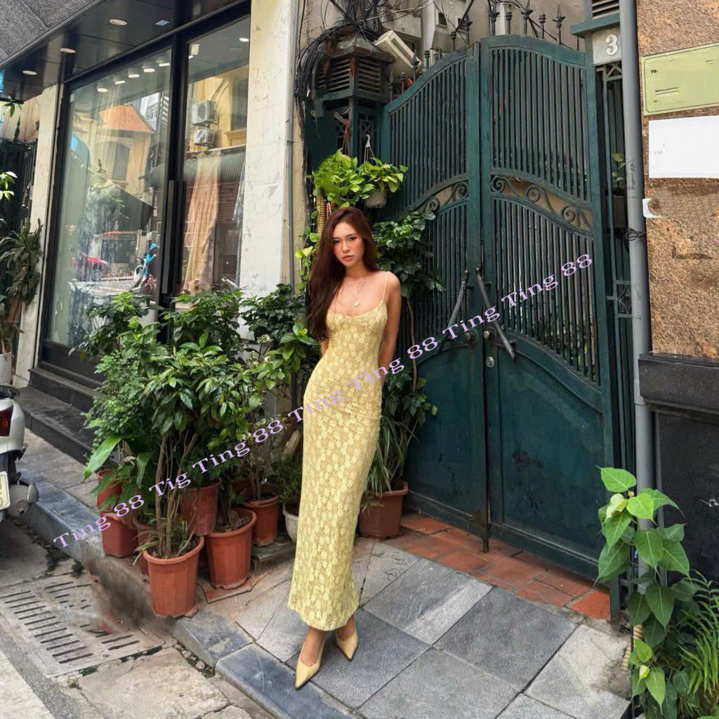 Đầm Body Ren Vàng Hai Dây Có Lớp Lót Kéo Khóa Xẻ Tà Sau, Váy Ôm Body Ren Vàng Hai Day Gợi Cảm, Dự Tiệc TingTing88