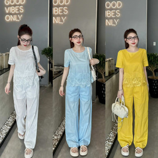 Sét áo sơ mi thô cộc tay ren gấu + quần xuông dáng dài #83830