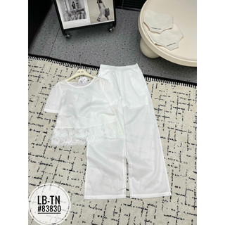 Sét áo sơ mi thô cộc tay ren gấu + quần xuông dáng dài #83830