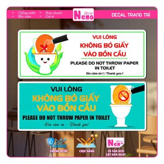 Decal Vui Lòng Không Bỏ Giấy Vào Bồn Cầu, Bảng Nội Quy Dán Nhà Vệ Sinh, Toilet, WC, Nhà Tắm, Chống Nước Chịu Nhiệt Tốt.