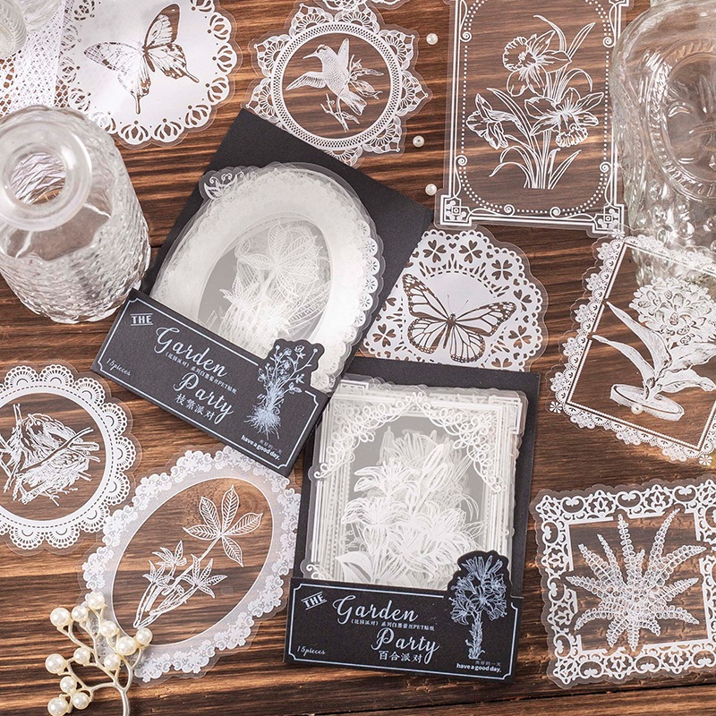 Set 15 tấm sticker giấy ren trắng trong suốt khung hoa lá cỏ chim bướm ...
