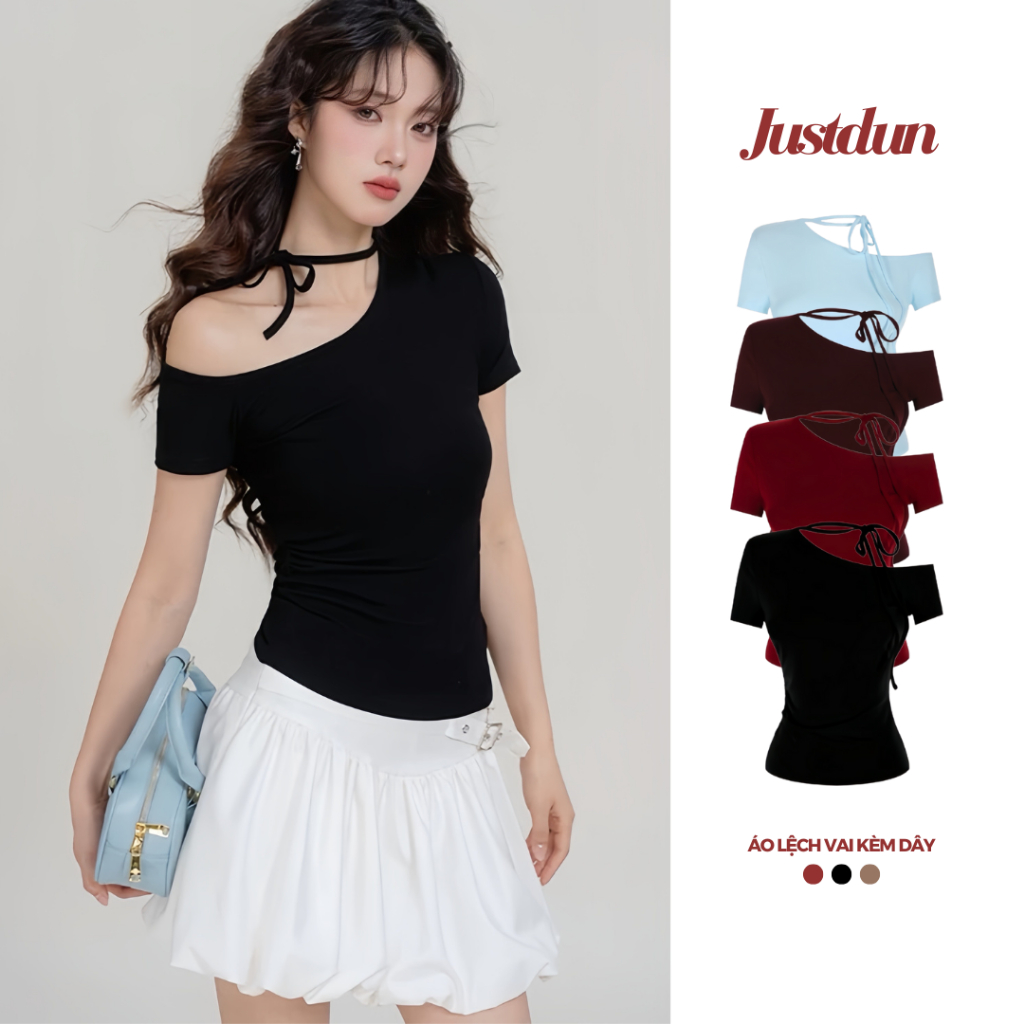 (Tặng dây) Áo Thun Ôm Lệch Vai mặc 2 kiểu Thiết Kế Kèm Dây Cotton mịn Justdun A2A