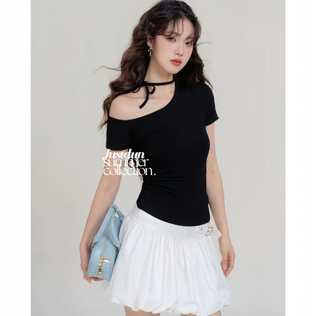 (Tặng dây) Áo Thun Ôm Lệch Vai mặc 2 kiểu Thiết Kế Kèm Dây Cotton mịn Justdun A2A