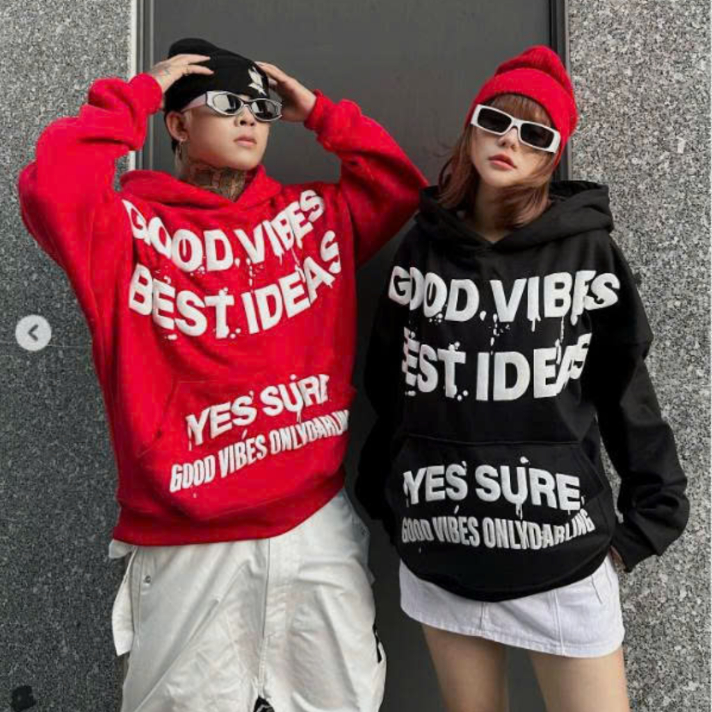 Áo Khoác Hoodie BOXY Hình In GOOD VIBES Dập Nổi Có Túi Trong Thời Trang Thu Đông SSL