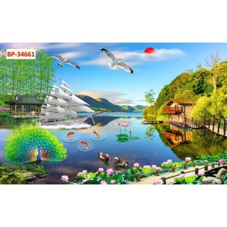 Tranh thuận buồm xuôi gió dán tường phòng khách phòng làm việc, tranh dán tường in trên chất liệu vải lụa (tặng keo dán)