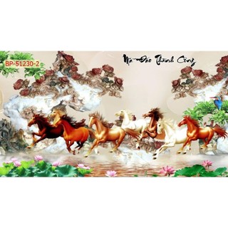 Tranh mã đáo thành công, tranh bát mã truy phong, tranh ngựa dán tường in trên chất liệu vải lụa (shop tặng kèm keo dán)