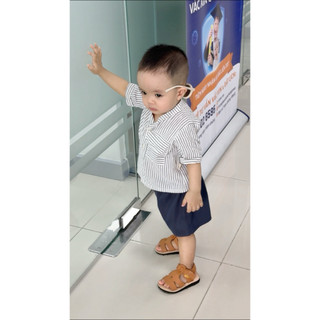 Set sơ mi sọc + short cho bé trai phong cách Hàn