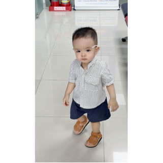 Set sơ mi sọc + short cho bé trai phong cách Hàn