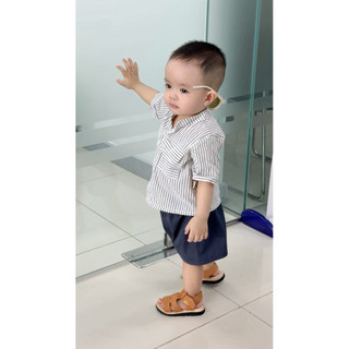 Set sơ mi sọc + short cho bé trai phong cách Hàn