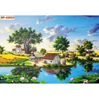 Tranh 3D dán tường Đồng Quê, tranh làng quê, tranh cánh đồng lúa chín, tranh in trên chất liệu vải lụa(tặng kèm keo dán)