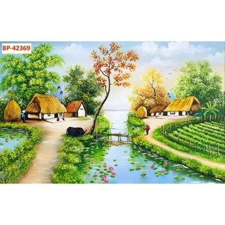 Tranh 3D dán tường Đồng Quê, tranh làng quê, tranh cánh đồng lúa chín, tranh in trên chất liệu vải lụa(tặng kèm keo dán)