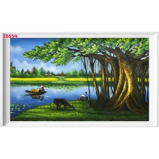 Tranh 3D dán tường Đồng Quê, tranh làng quê, tranh cánh đồng lúa chín, tranh in trên chất liệu vải lụa(tặng kèm keo dán)