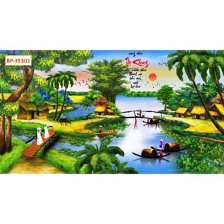 Tranh 3D Đồng Quê dán tường, tranh làng quê, tranh cánh đồng lúa chín, tranh in trên chất liệu vải lụa(tặng kèm keo dán)