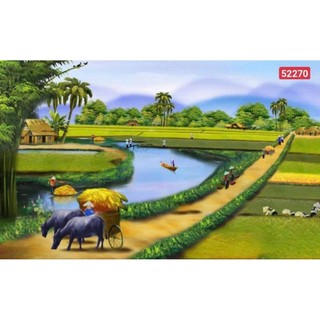 Tranh 3D Đồng Quê dán tường, tranh làng quê, tranh cánh đồng lúa chín, tranh in trên chất liệu vải lụa(tặng kèm keo dán)