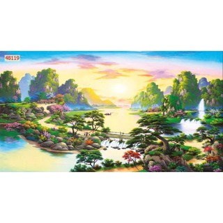 Tranh 3D Đồng Quê dán tường, tranh làng quê, tranh cánh đồng lúa chín, tranh in trên chất liệu vải lụa(tặng kèm keo dán)