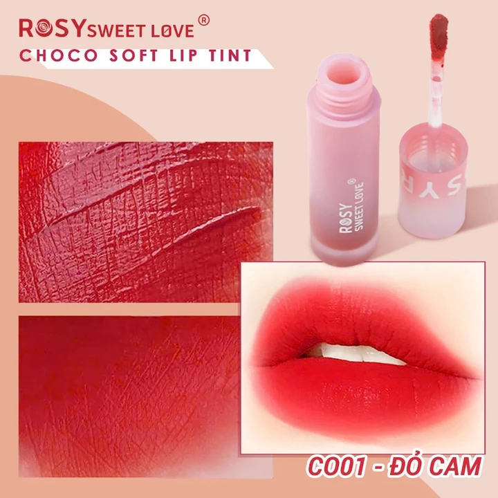 Son kem Rosy CHOCO SOFT LIPS TINT, chất tint bóng, bền màu, lâu trôi, dưỡng ấm môi- màu ĐỎ CAM