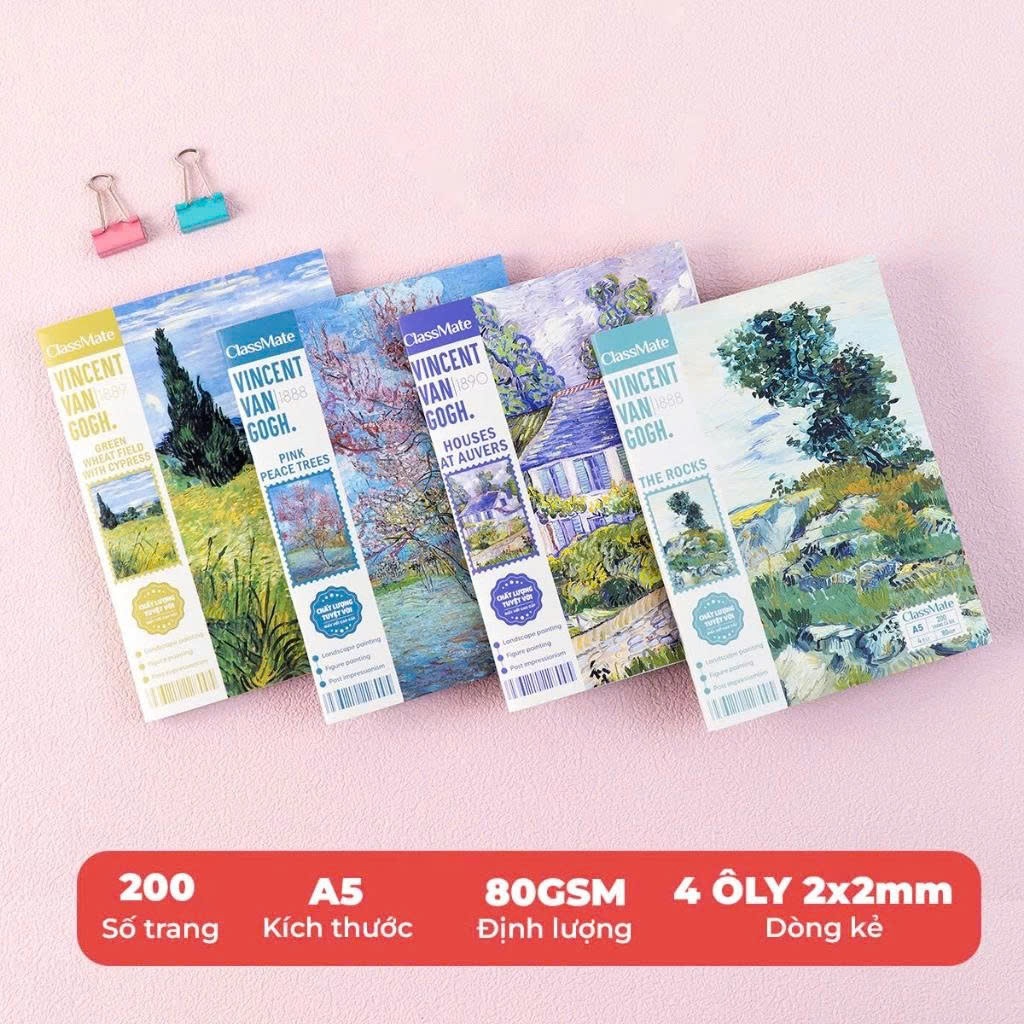 Tập Học Sinh A5 96/200 Trang VanGogh,Tập Miền Nam Kẻ 4 Ô Ly 2x2mm CLASSMATE 80gsm Không Thấm Mực NA5-09-009/20-010