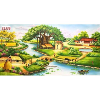 Tranh 3D Đồng Quê dán tường, tranh làng quê, tranh cánh đồng lúa chín, tranh in trên chất liệu vải lụa(tặng kèm keo dán)
