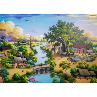 Tranh 3D Đồng Quê dán tường, tranh làng quê, tranh cánh đồng lúa chín, tranh in trên chất liệu vải lụa(tặng kèm keo dán)