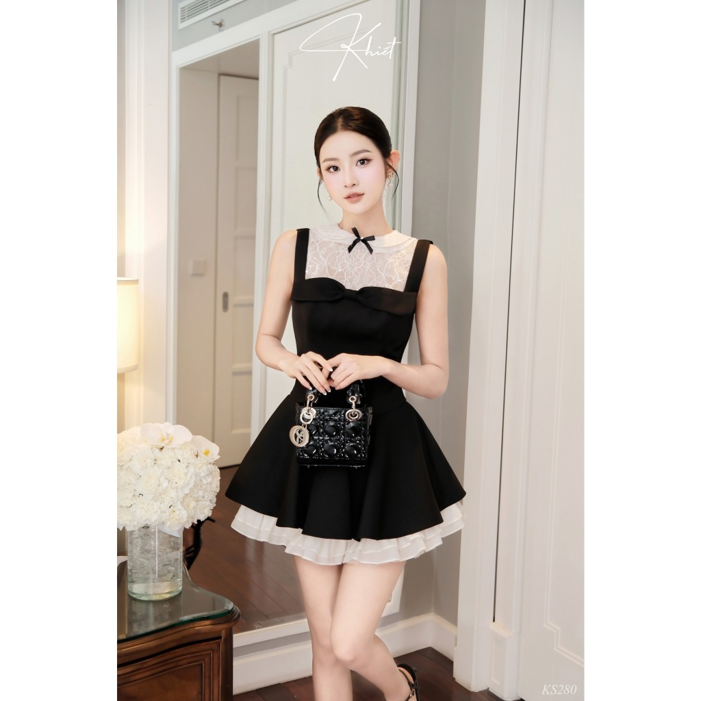Set áo ren kim sa cổ sen layer phối mini dress 2 dây đen form xòe bồng, phong cách tiểu thư cổ điển KS280