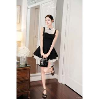 Set áo ren kim sa cổ sen layer phối mini dress 2 dây đen form xòe bồng, phong cách tiểu thư cổ điển KS280
