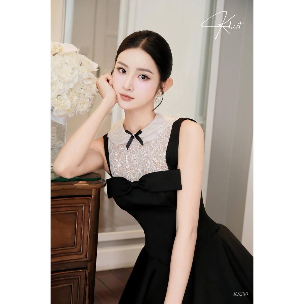 Set áo ren kim sa cổ sen layer phối mini dress 2 dây đen form xòe bồng, phong cách tiểu thư cổ điển KS280