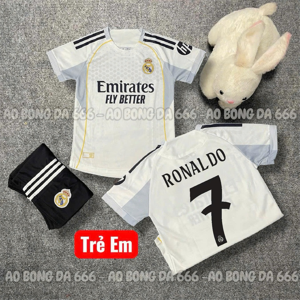 Áo Bóng Đá, Áo Đá Banh Trẻ Em CLB Real 2025/2026 ( Quần + Áo)  - Vải Mè Thái Cao Cấp - In Sẵn Cr7